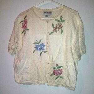 VTG Cotton Crochet lace top Boxy embroidered Ivory